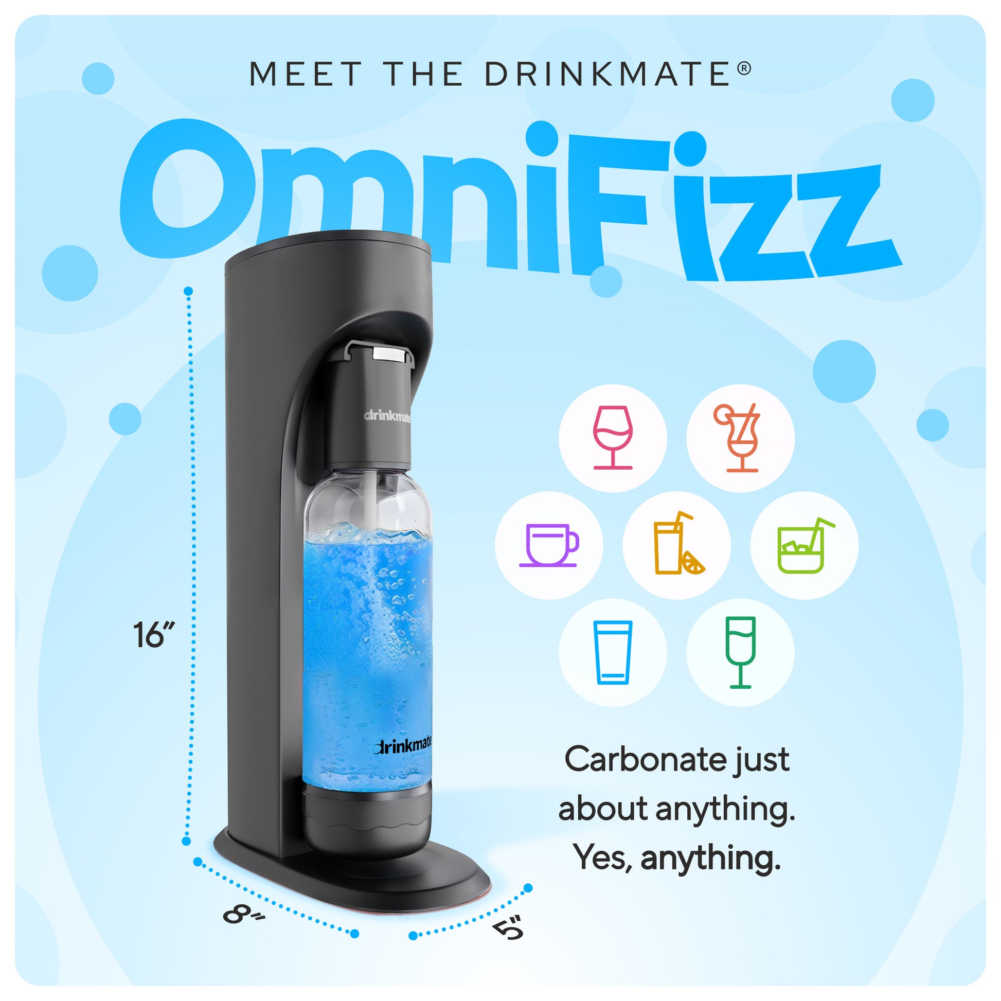 Meet the Drinkmate OmniFizz (Shown in Matte Black). Carbonate just about anything. Yes, anything. Dimensions: 16" x 8" x 5".
