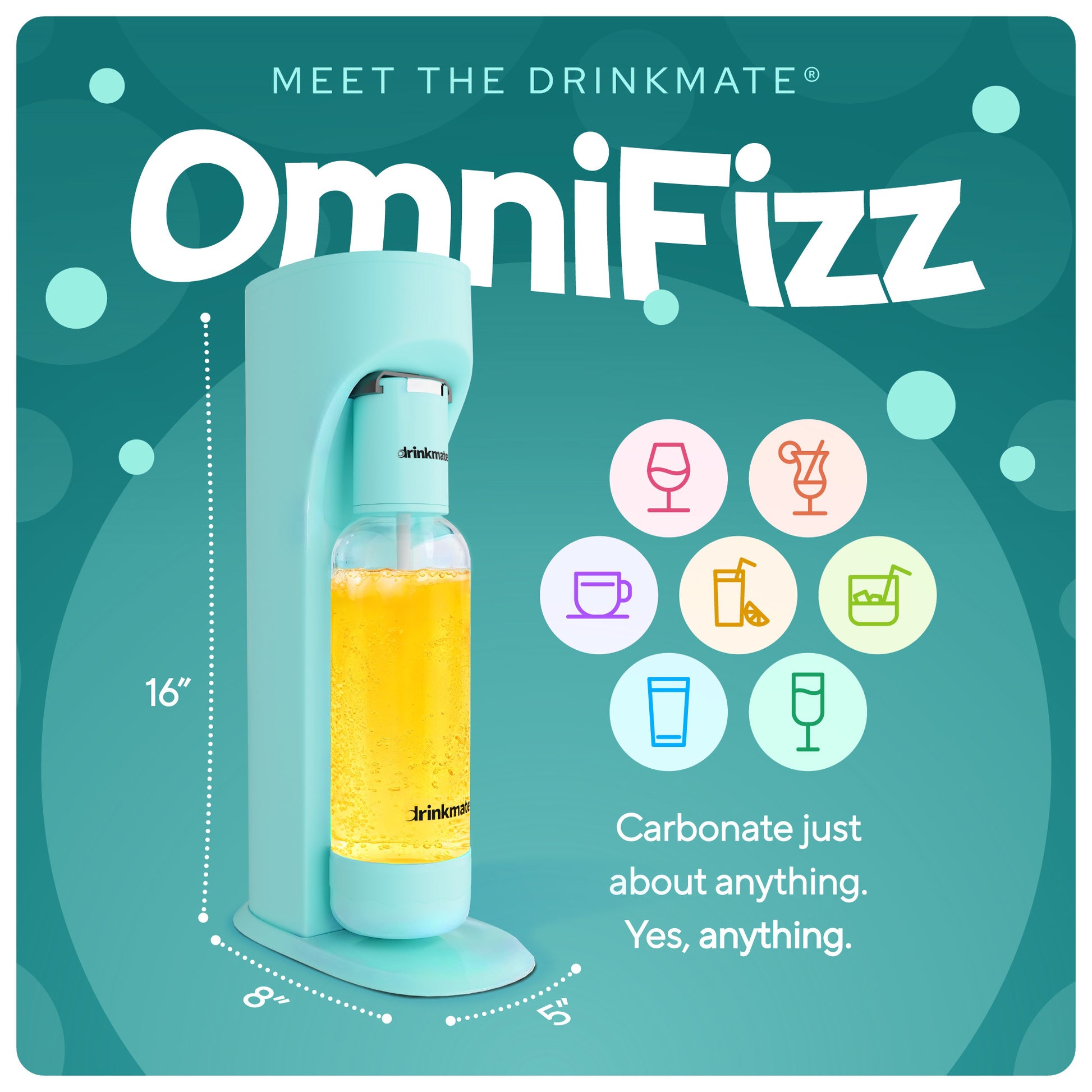 Meet the Drinkmate OmniFizz (Shown in Arctic Blue). Carbonate just about anything. Yes, anything. Dimensions: 16" x 8" x 5".