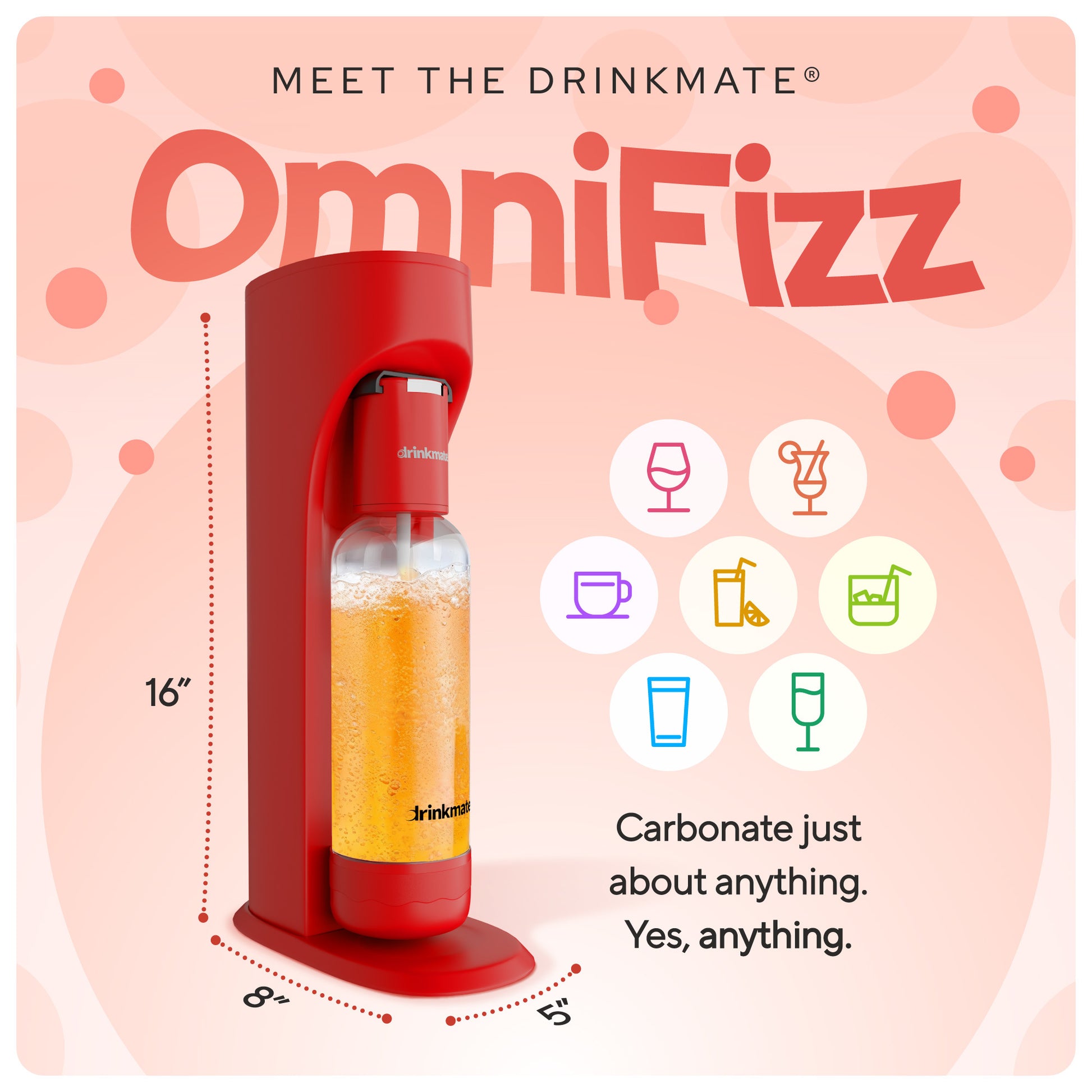 Meet the Drinkmate OmniFizz (Shown in Royal Red). Carbonate just about anything. Yes, anything. Dimensions: 16" x 8" x 5".